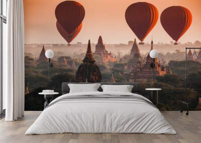 Balloon over plain of Bagan in misty morning, Myanmar Wall mural