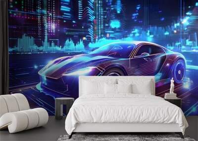 ai concept car Powerful acceleration of a supercar on a night track with colorful lights and trails Wall mural