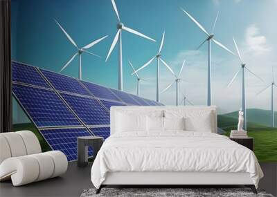 Solar panels and wind turbines on green grass field. Sustainable energy concept Wall mural