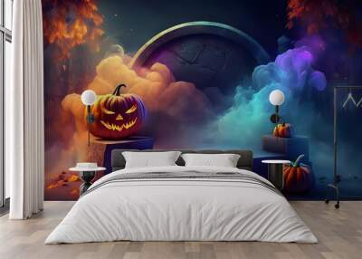 Stone podium and minimal abstract background for Halloween,Stage for product display with smoke Wall mural