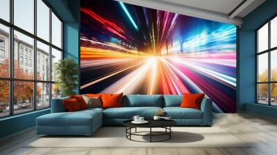 Blurred streaks from cars on a nighttime road in multicolor Wall mural