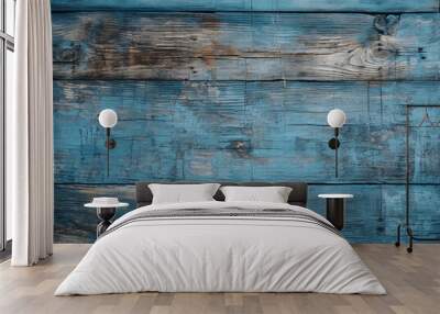 Vertical texture of wooden surface with old blue paint Wall mural