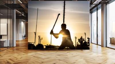 Field Hockey Silhouette on Blue Astroturf Wall mural