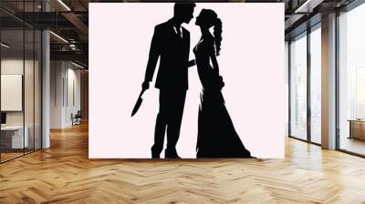 Bride and groom couple silhouettes. Woman in wedding dress, man holding knife behind his back, treacherous deal or betrayal metaphor Wall mural