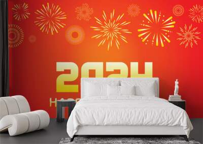 Happy new year 2024, golden  numbers 2024 with firework, red new year greeting card, banner, header template, flat vector illustration Wall mural