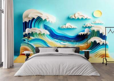 olas contra la arena estilo papercraft Wall mural