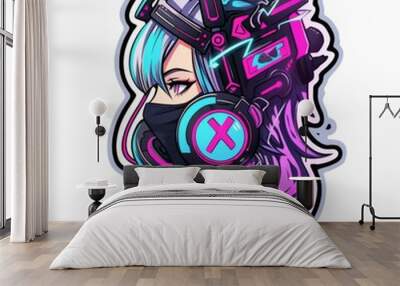 A vibrant illustration of a female character with headphones, a mask, and stylized hair with cyberpunk elements Wall mural