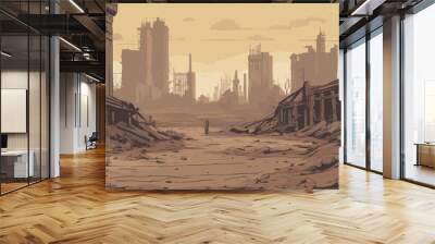 background image depicting a post-apocalyptic wasteland, with crumbling buildings, overgrown vegetation, and hints of a once thriving civilization. Vector illustration Wall mural