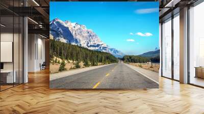 Beuatiful empty road with pine trees around and rocky mountains in the background in a blue sky day Wall mural