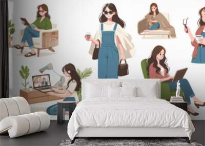 Modern Woman Lifestyle - Premium Illustration Set, Elegant Lifestyle Activities, Chic Female Illustrations, Contemporary Woman’s Day-to-Day - Exclusive Art Collection, Transparent SET of png or vector Wall mural