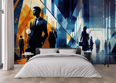 Business center, people in suits, skyscrapers, abstract art. Generative AI content Wall mural