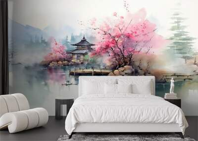 Japan nature scenery with sakura bloom and mountains. Watercolor, zen. AI generative Wall mural