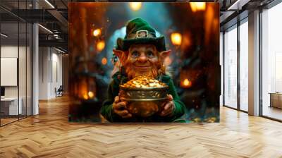 Leprechaun holds pot with gold, St. Patrick day. Irish celebrate. AI generative Wall mural