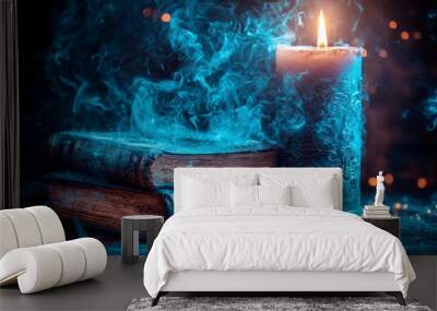 Magic Spell book for witch with candles, witchcraft. AI generative Wall mural