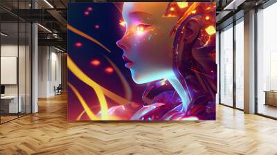 Detailed female super robot with bright neon light rays on black background. modern digital art illustration. Wall mural