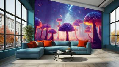 Fairy forest with glowing mushrooms.  Wall mural