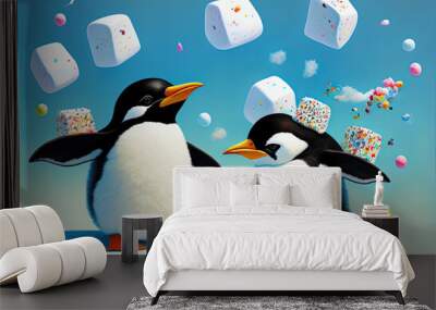 painting of a fluffy happy penguin chick with marshmallows flying everywhere. Generative AI Wall mural