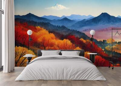 Watercolor autumn mountain landscape. . modern digital art illustration. Wall mural