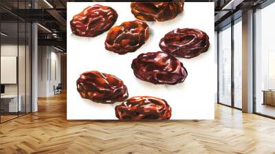 Brown raisins, dried berries of grapes. Vegetarian healthy snack, natural tasty sweets, organic food. Isolated objects, close-up, hand drawn watercolor illustration on white background Wall mural