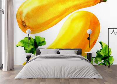 Raw yellow zucchini with leaf and flower, two fresh vegetables, isolated, watercolor illustration on white Wall mural