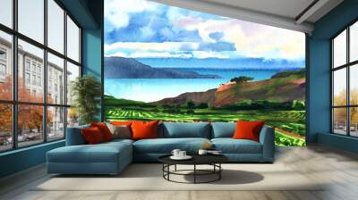 Rural panoramic landscape with vineyard, ocean, rocks, blue sky and clouds, beautiful view, summer time, vacation and travel concept, hand drawn watercolor illustration, nature background Wall mural