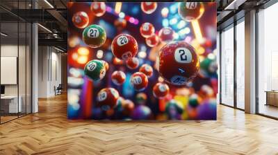 A cascade of bingo balls falling like a colourful waterfall, each ball a beacon of hope and gamble The scene is set against a futuristic, digital casino background, emphasizing Wall mural