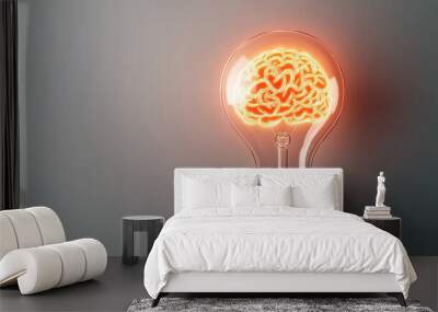 A lit bulb with a brain outline glowing inside, capturing the essence of imagination, creative thought, and innovation on a subtle grey backdrop. Wall mural