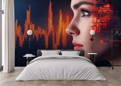 Abstract face made of crypto symbols and market charts, crypto market volatility, dual expressions and colors, intense contrast Wall mural