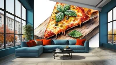 Close-up of a delicious slice of pizza with melted cheese and basil leaves. Wall mural