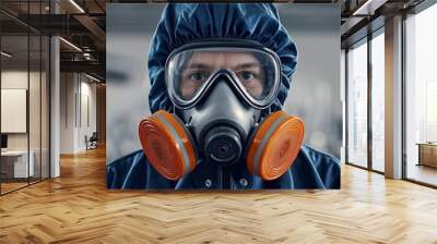 Engineer inspecting a ventilation system in a chemical plant, wearing a gas mask and protective suit, surrounded by control knobs and safety equipment Wall mural