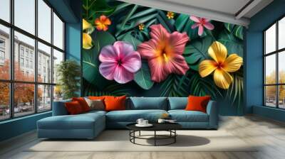 Exotic tropical flower blossoms with vivid colors and lush greenery, tropical flowers Wall mural