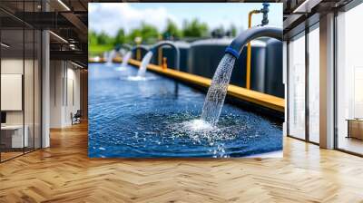 Flowing water from industrial pipes into a large water tank, showcasing machinery and technology in operation. Wall mural