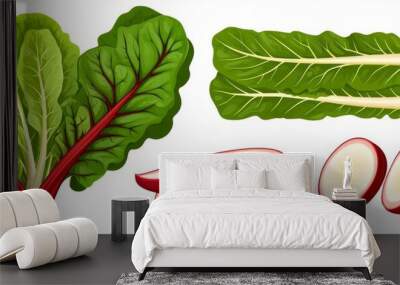 Fresh and vibrant leafy greens with sliced radishes, perfect for healthy meals and salads featuring various textures and colors. Wall mural