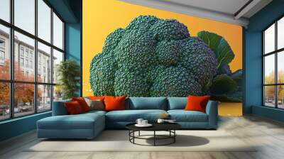 Fresh broccoli head with water droplets on a gradient background of golden yellow and deep magenta, hyper-realistic colors, vibrant, have large negative space for text Wall mural