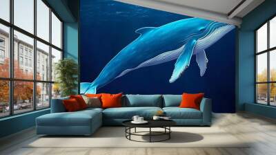 Majestic blue whale swimming gracefully in deep ocean waters, showcasing its magnificent size and serene beauty. Wall mural