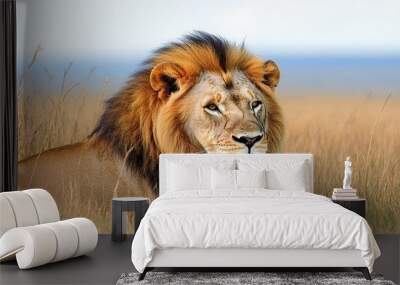 Majestic lion resting in tall grass, Maasai Mara wildlife safari tours, African savannah scenery Wall mural