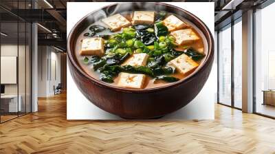 Miso soup, tofu cubes, seaweed, spring onions, delicate steam effect, isolated on white background Wall mural