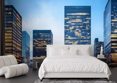 Modern skyscraper with glass architecture, urban cityscape, reflective glass surfaces, geometric patterns, city skyline, blue sky Wall mural