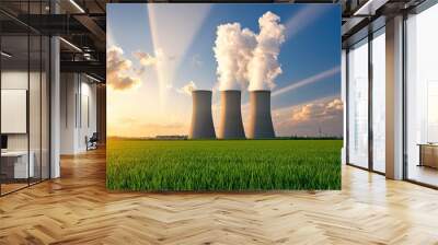 Power plant cooling towers emitting steam into a cloud-streaked sky Wall mural