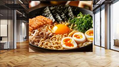 Ramen with golden yolk egg and narutomaki, gradient from gold to deep orange, vibrant ingredients, copy space for text, traditional Japanese comfort food theme Wall mural