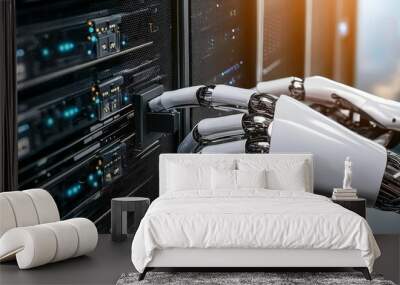 Robotic hands securing a server rack with complex digital lock systems, AI security, robotic defense, chrome and black Wall mural