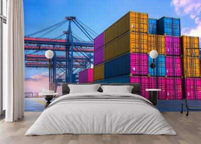 Stacked shipping containers at a port, logistics and transportation, vibrant colors, organized layout, large cranes in the background, soft sunlight creating depth Wall mural