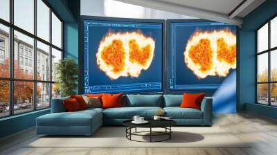 Thermal simulation screens displaying heat maps, sharp digital lines, warm colors radiating from screens, minimalist lab background, focused, precise, and highly detailed visuals Wall mural