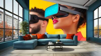 Three people wearing VR headsets, looking up, yellow background. Wall mural