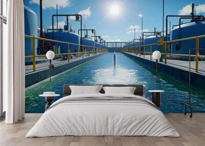 Wide shot of a water treatment basin, crystal-clear water in motion, large tanks, open sky with bright sunlight, serene and organized industrial environment Wall mural