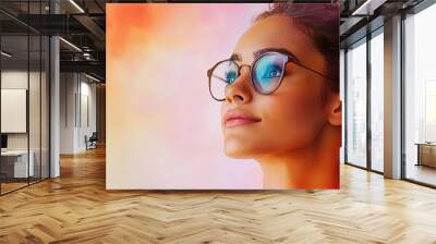 Woman in glasses looking up with colorful background Wall mural