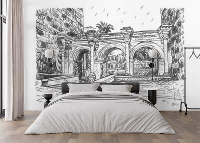 Hadrian's Gate in old city of Antalya, Turkey. Vector freehand pencil sketch. Wall mural