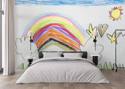 Colorful kid's drawing of a rainbow Wall mural