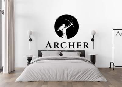 archer woman logo in silhouette circle frame in simple flat design style Wall mural