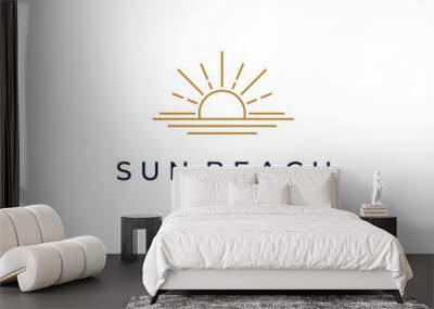 elegant hipster gold sun sunset sunrise with beach ocean sea water logo icon vector in trendy line linear, outline logo vector Wall mural